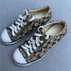 Coach Gema Signature Monogram Canvas Sneakers, Brown Gold Metallic, Size 7B
